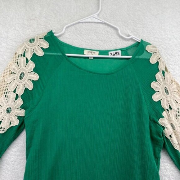 Umgee Womens Tunic Dress Size Small Kelly Green Crochet Flowers Fringe Hems Boho - Picture 2 of 7